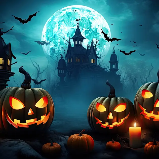 halloween background with scary pumpkins, candles in the graveyard at night with a castle background