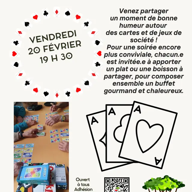Flyer Annonce Evènement Atelier Cuisine Végétale Bio Restaurant Photos Moderne Rond Vert  - soirée belote & jeux société20 février 2026