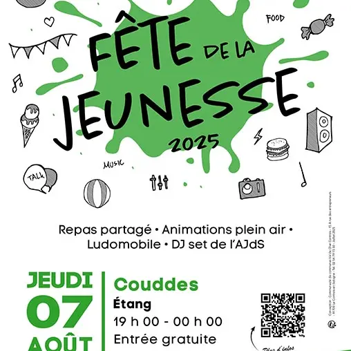 Peut être une image de _texte qui dit ’_FUN FOOD 8 FÉTE DELA JEYNESSE S Mυεκ 2025 سیت TALK Repas partagé· Animations plein air· Ludomobile DJ set de l'AJdS JEUDI 07 AOÔT Couddes Étang 19 19h00-00h00 00- -0