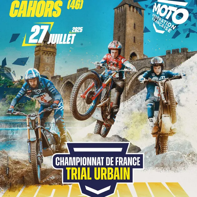 Peut être une image de 3 personnes, moto, vélo, moto tout terrain et texte qui dit ’FEDERAAISE MOTO FÉDERATION MOTO ##ΙΣΤΕΩΝ RANCAI ANCAISE ANCTION CAHORS (46) 27นต์ JUILLET 2025 27 CT CHAMPIONNAT DE FRANCE TRI