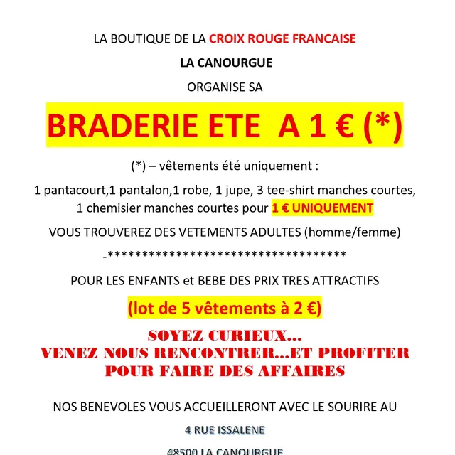 BRADERIE VETEMENTS ETE LA CROIX ROUGE LA CANOURGUE