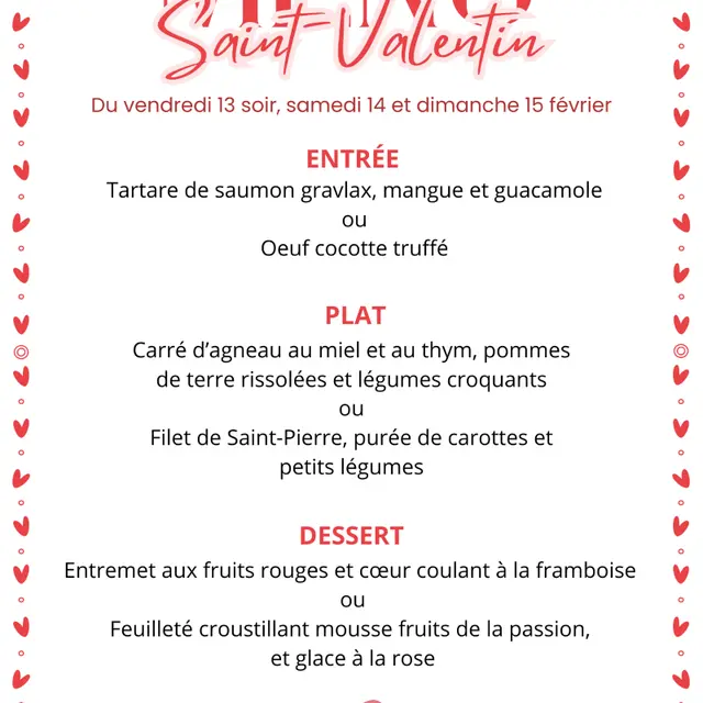 2026 - menu Saint Valentin Restaurant des Pins Jullouville