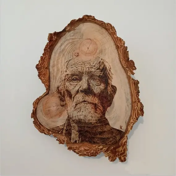 Oeuvre pyrogravure gueules de bois Arnaud Keraudy