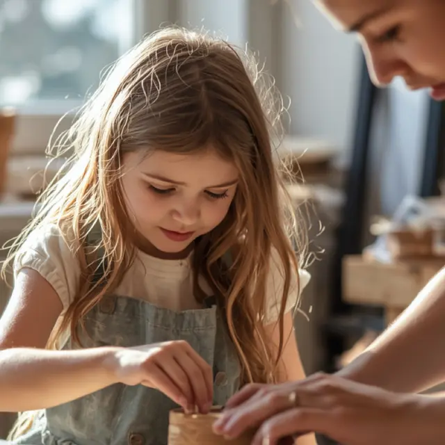 une photo dun enfant créant avec un adulte une poterie