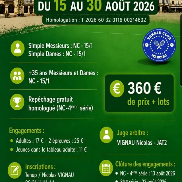 Tournoi tennis Marciac 2026