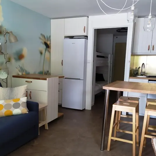 1A-Pièce à vivre avec canapé et fauteuil, coin-repas, commode-bureau, placard - web