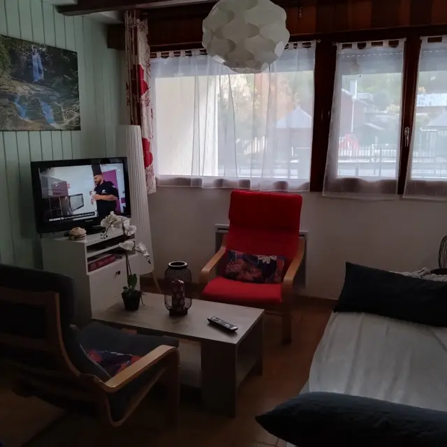 Coin salon avec TV, canapé lit