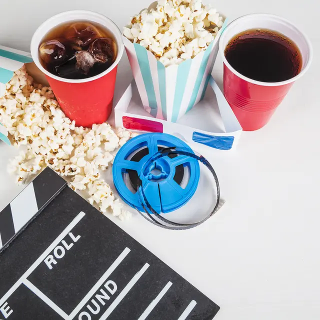 nourriture-de-cinema-bobine-de-film-et-clap