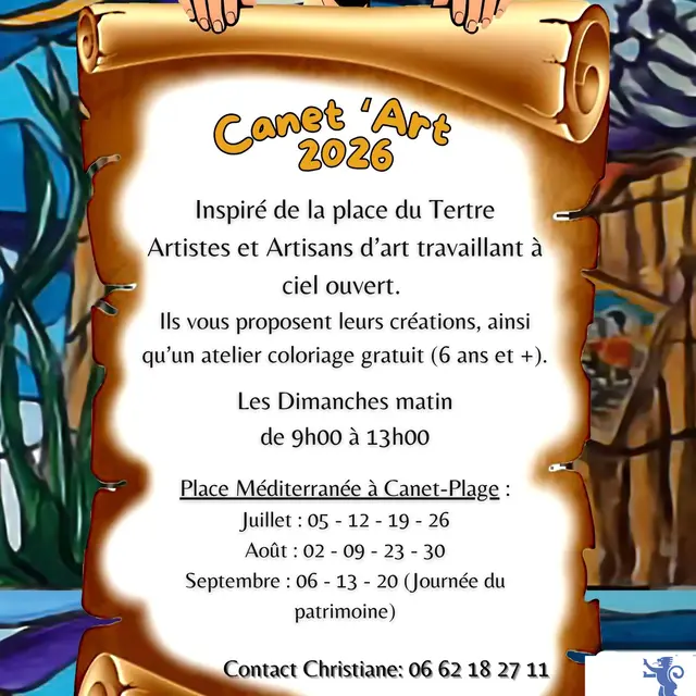 Inspiré de la place du Tertre Artistes et Artisans d’art travaillant à ciel ouvert, vous proposent leurs créations, ainsi qu’un atelier coloriage gratuit (6 ans et +). Les Dimanches matin de 9h00 à 12h00 Place Méditerranée à Canet-Plage : Juillet : 20-27