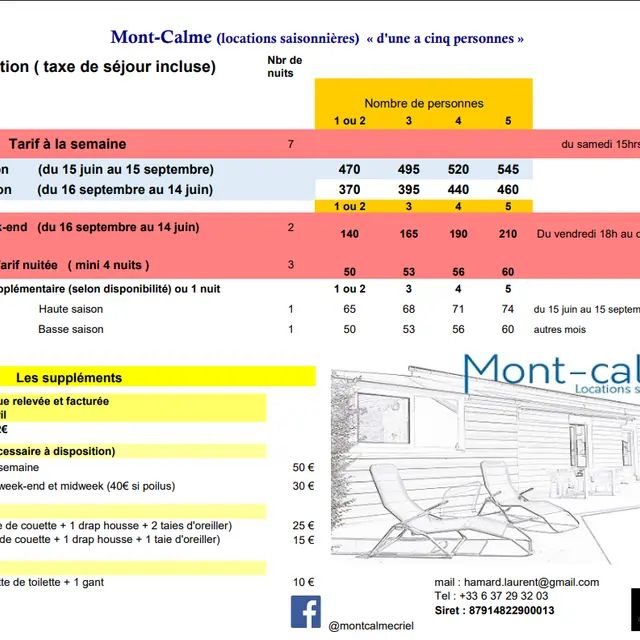 .tarif 2026 montcalme