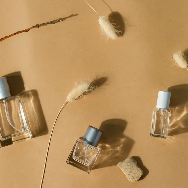 Parfume bottles with natural dry twig and plants.