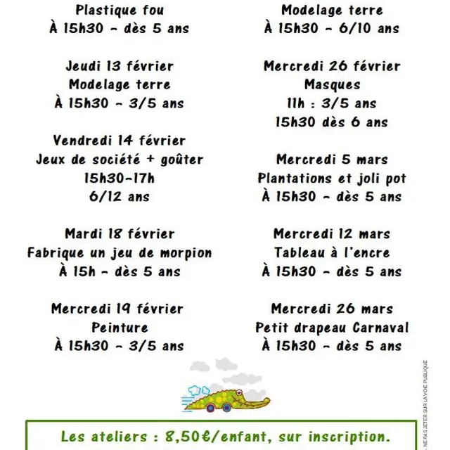 Atelier Créatifs du croco février-mars