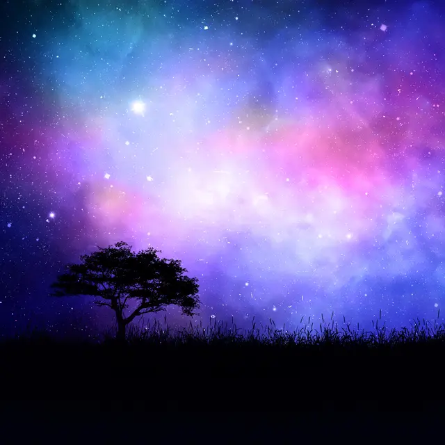 3D silhouetted tree landscape against a nebula night sky