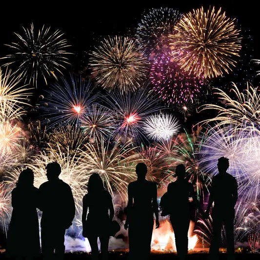 Group of people looks beautiful colorful holiday fireworks