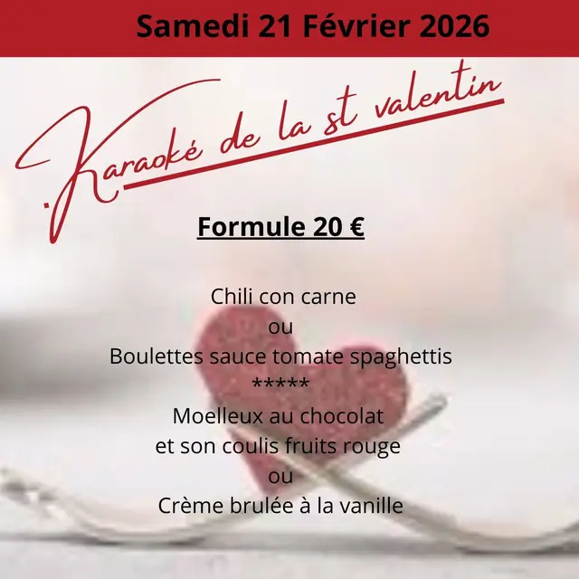 APERITIF Elixir d?Amour et amuse-bouche de Cupidon ENTREE Tartare de crabe fa?on cevich? aux agrumes et petits l?gumes ou Vol au vent de Ris de Veau sur lit de Mesclun ENTRACTE D?lice des Amoureux (glace vanille et douceur amarena) PLAT Grenadin de veau -