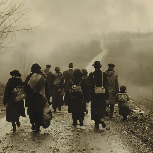 Stock photo of a group of people walking down a road, in the style of post war, poignant, associated press photo, jewish life scenes, piles stacks, italian landscapes, folkloric, --ar 3:2 --style raw --stylize 250 --v 6