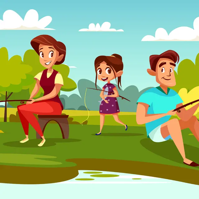Family fishing vector cartoon illustration