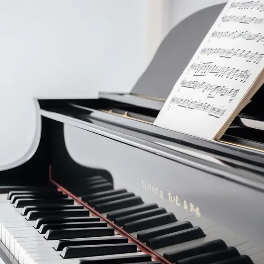 Elegant grand piano with sheet music isolated on white background. Close up. Ai generative