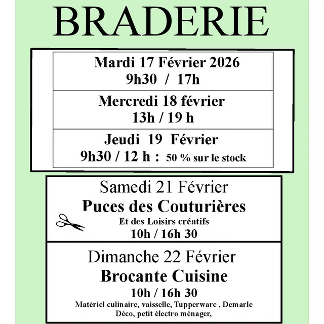 Braderie, puces des couturières et brocante cuisine Neaufles-Saint-Martin 17.18.19.21.22 02 26