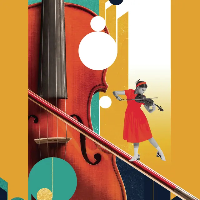 Young talented girl playing tender music with violin over abstract colorful background with music instrument. Contemporary art collage.