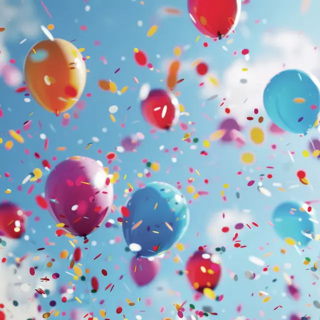 A vibrant array of balloons drifts high against a bright blue sky, while colorful confetti bursts around them, capturing the essence of a joyful celebration