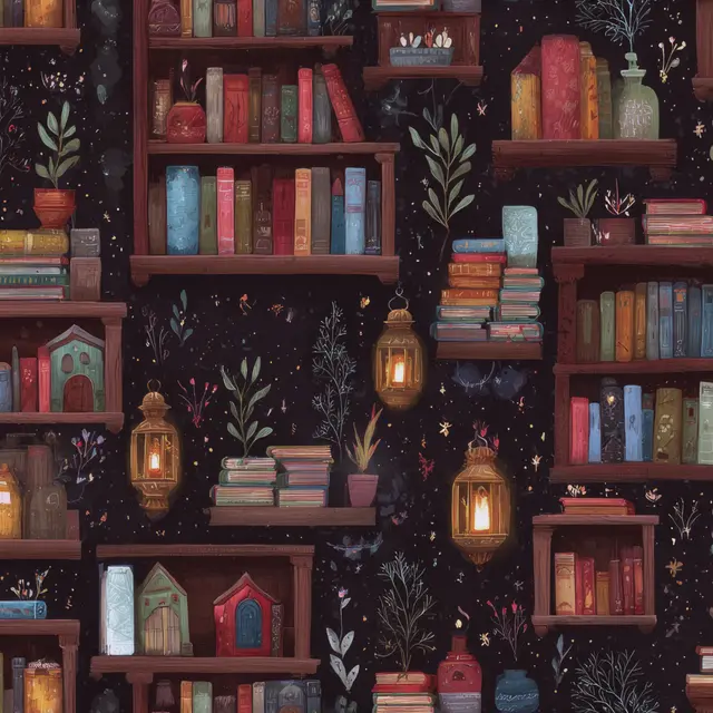 Fabric texture seamless pattern background Tiny Bookstore Magic Mini bookshelves with floating books and enchanted reading nooks