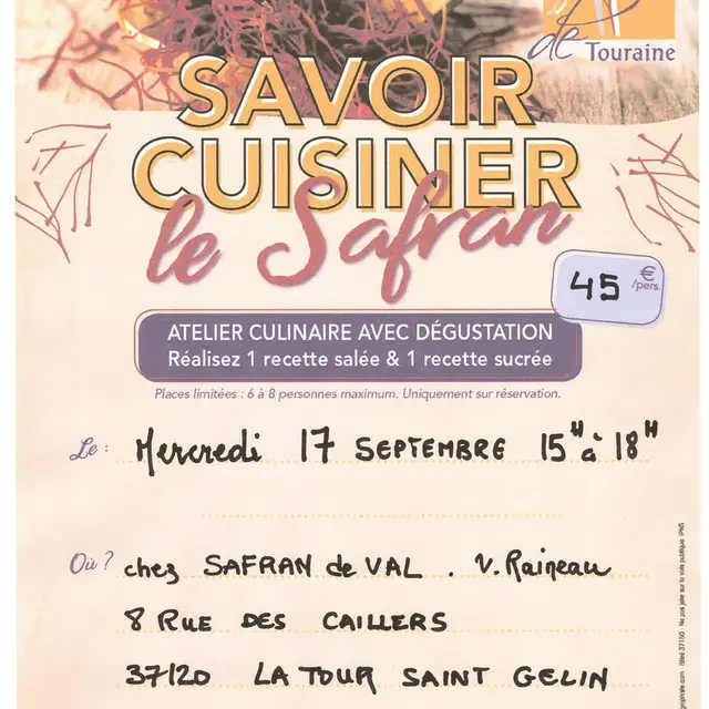 Atelier culinaire savoir cuisiner le safran La Tour Saint Gelin 17 septembre 2025