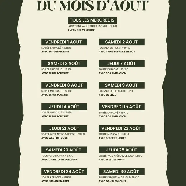 Agenda du mois d'août au camping les Acacias la Ville-aux-Dames