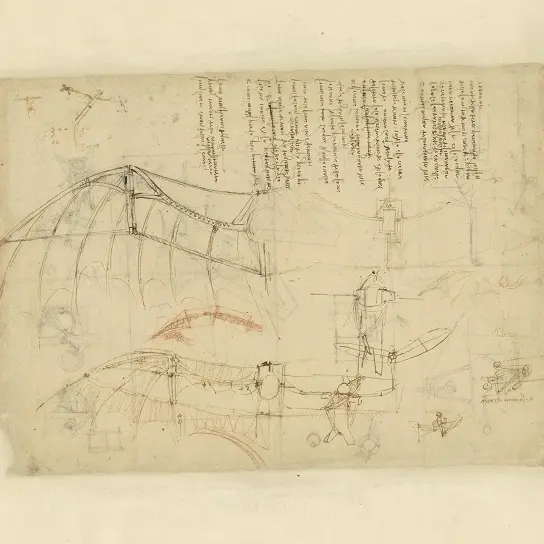 Léonard de Vinci, Dessin d'une aile artificielle et note sur le cours de l'eau, Codex Atlanticus, 846v