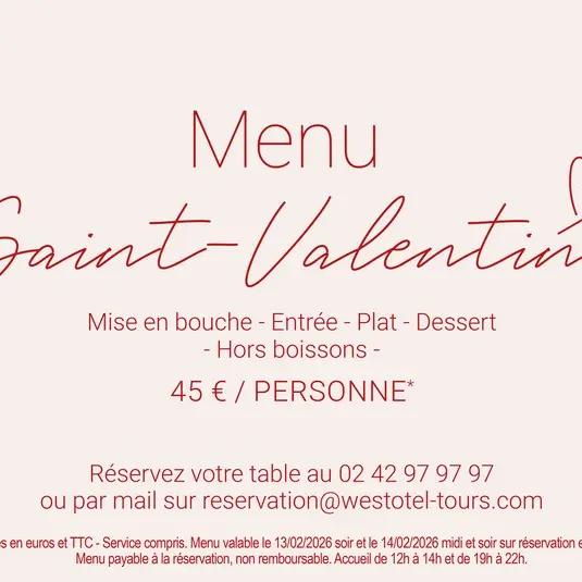 Menu Saint-Valentin Westotel Tours