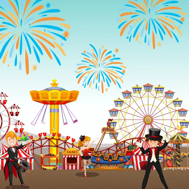 Amusement park with circus and ferris wheel and fire work background