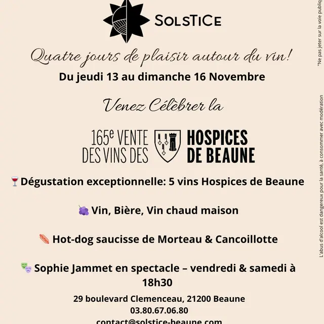 Copie de DÉGUSTATIONS & FÊTE AU CAVEAU Trois jours de plaisir autour du vin! SOLSTICE CAVE ET HÔTEL 29 boulevard Clemenceau, 21200 Beaune - 1
