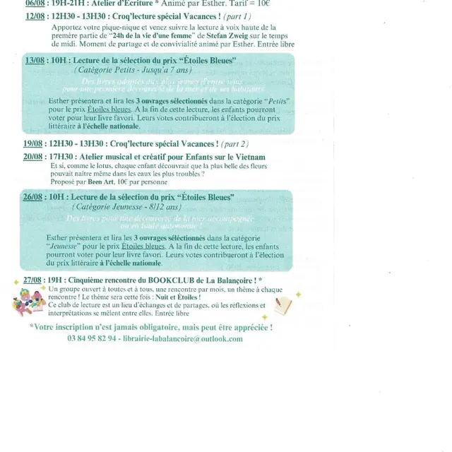 Calendrier événements La Balançoire Août 2026