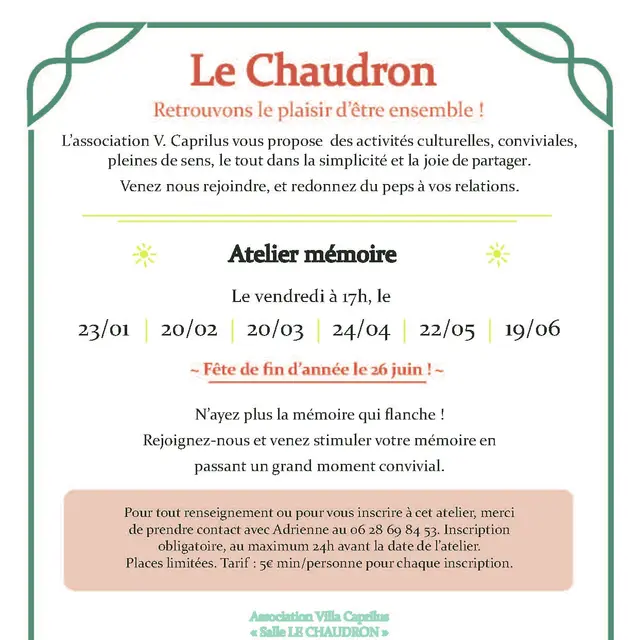 Affiche atelier mémoire LE CHAUDRON janvier à juin