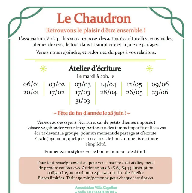 Affiche atelier écriture LE CHAUDRON janvier à juin