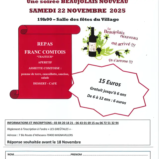 Soirée Beaujolais MIGNAVILLERS 22 novembre