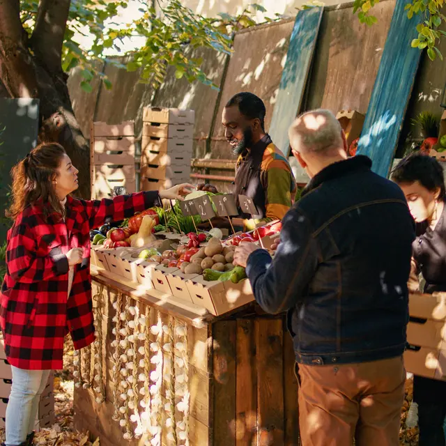Young farmer serving client with various produce