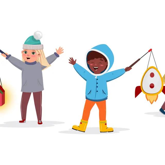 Four cute little children walking with glowing lantern for Saint Martin day