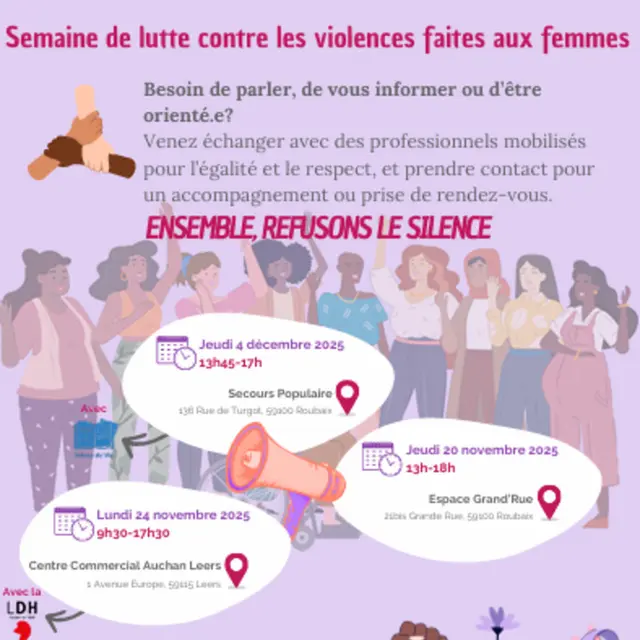 Maison de Justice et du Droit de Roubaix

Semaine de novembre centré sur la lutte contre les violences faites aux femmes 2025
« LA MJD se MOBILISE ! »_1