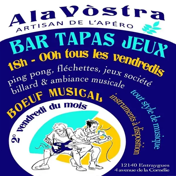 Soirée jeux tapas bar en musique et/ou Boeuf musical