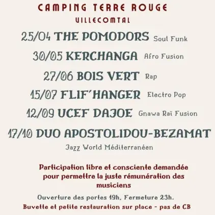 Programmation Concerts 2026 - Camping Terre Rouge