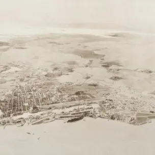 Vue recadrée du lavis représentant Saint-Nazaire en 1933