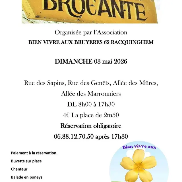 Affiche brocante de Racquinghem 3 mai 2026