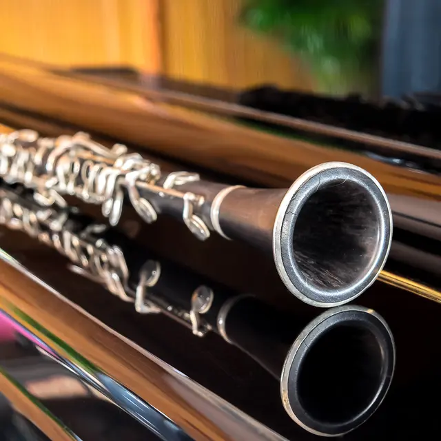 Black clarinet lying on closing grand piano
