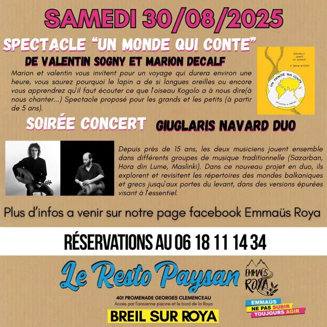 Soirée au Resto paysan : Spectacle Un monde qui compte et concert_Breil-sur-Roya