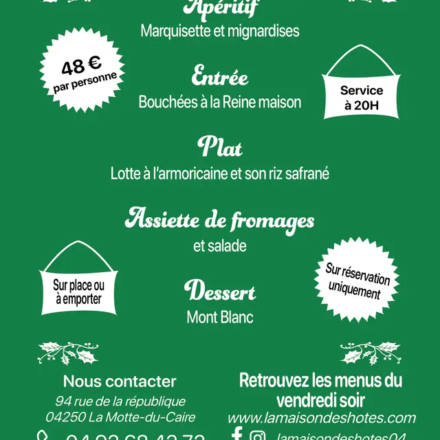 Menu du Réveillon du 31 décembre de La Maison des Hôtes_La Motte-du-Caire