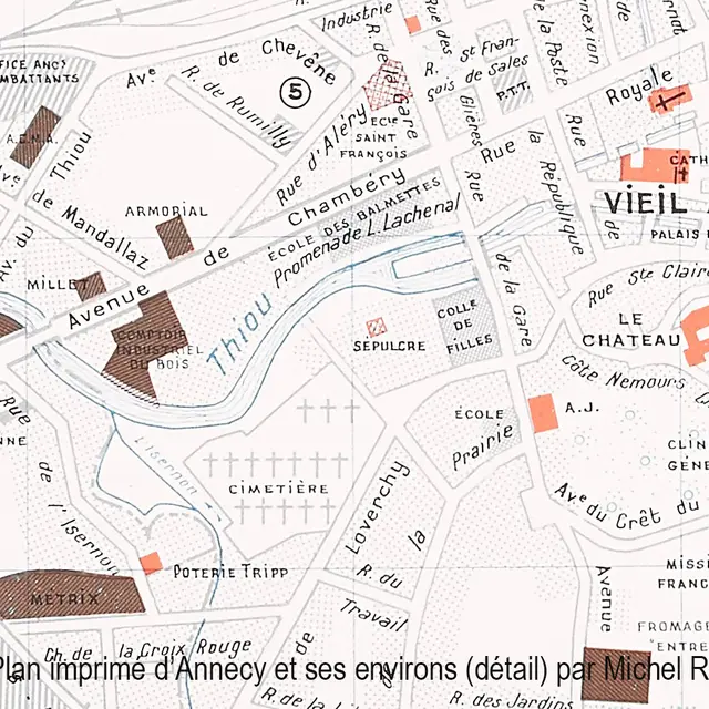 Plan imprimé d’Annecy et ses environs (détail) par Michel Roch, 1957. Ed. Gardet