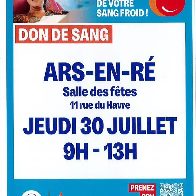 Affiche du don du sang à Ars-en-Ré du 30 juillet