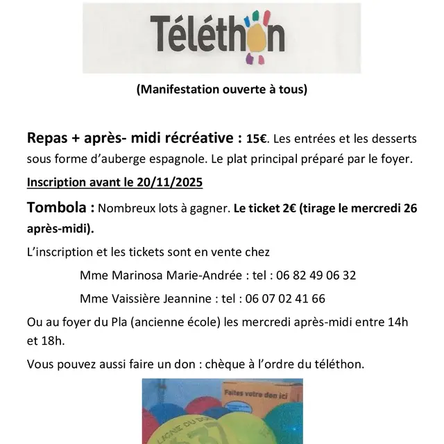 affiche pour le repas au profit du téléthon de Le Pla