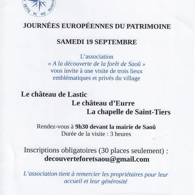 Journées Européennes du Patrimoine : Visites du château de LAstic, le Château d'Eurre et la Chapelle de Saint-Tiers_Saoû